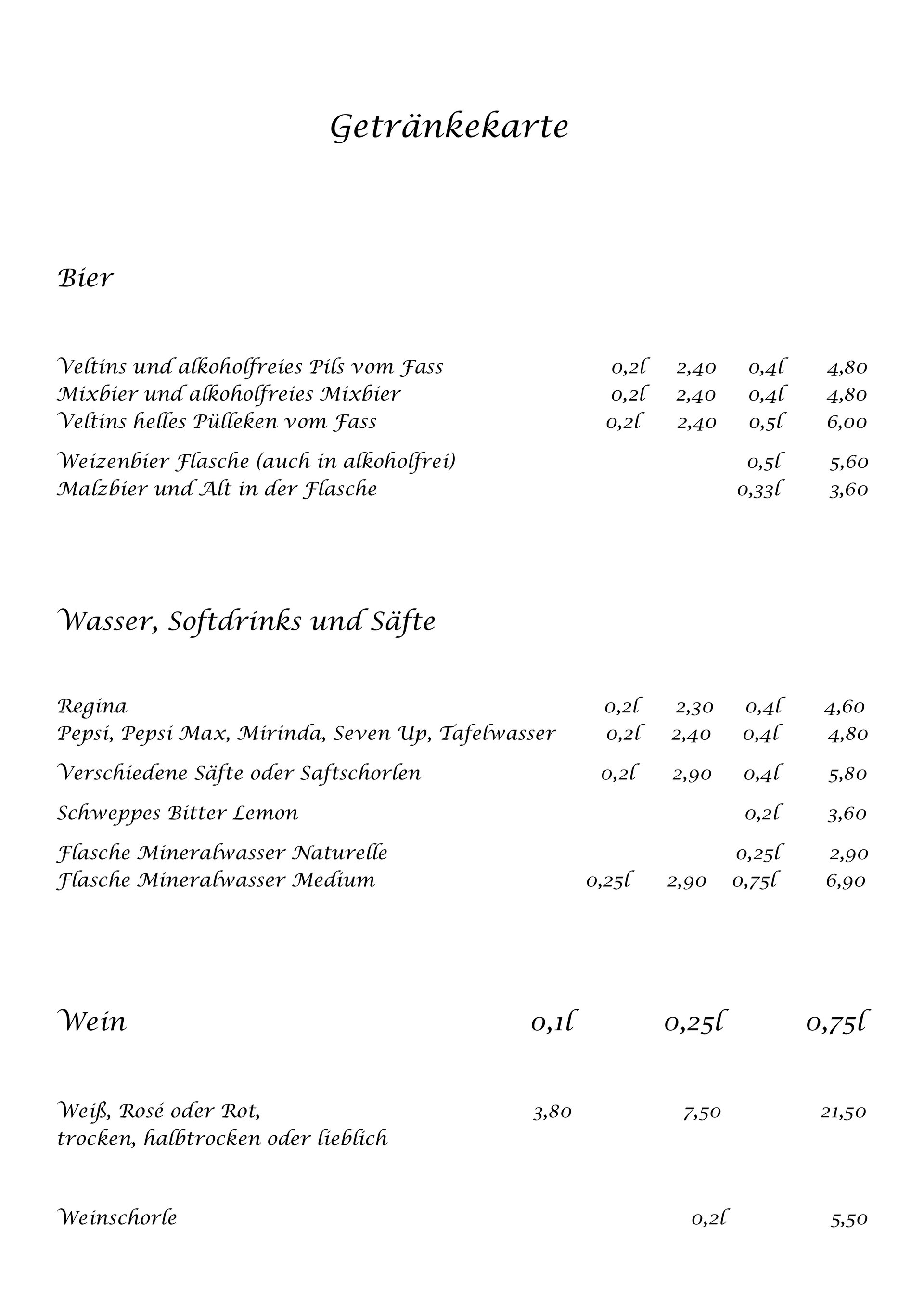 Getränkekarte Seite 1: Bier, Wasser, Softdrinks, Säfte und Wein