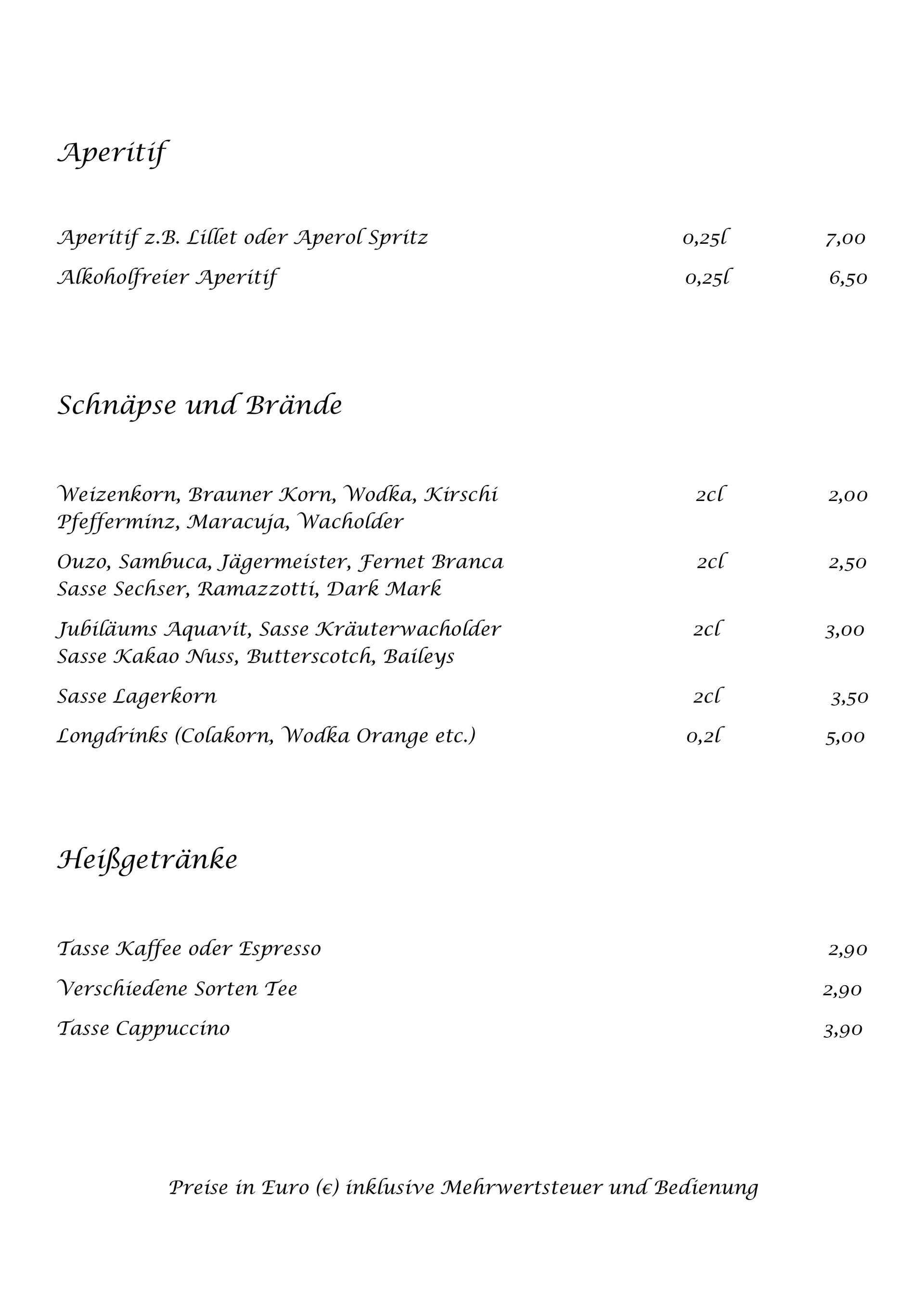 Getränkekarte Seite 2: Aperitif, Schnäpse und Brände sowie Heißgetränke