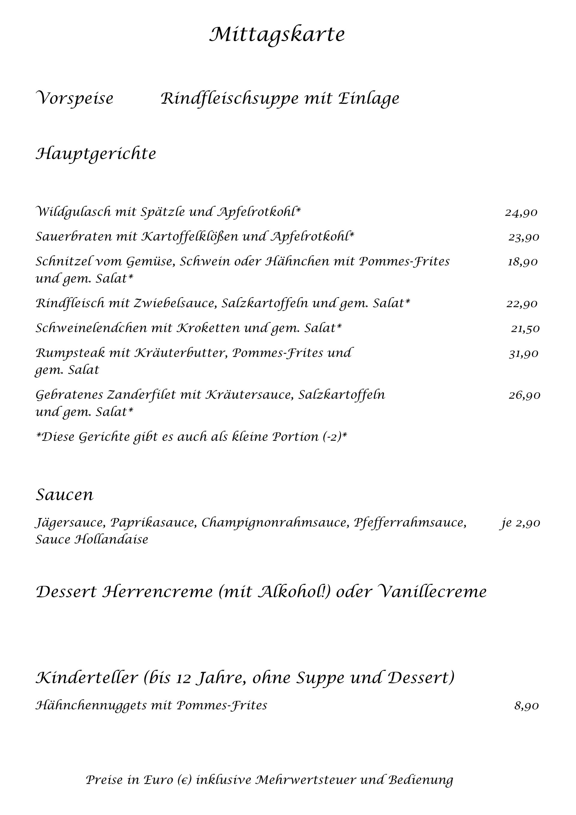Speisekarte Seite 2: Mittagskarte mit Vorspeise, Hauptgerichten, Saucen, Dessert und Kinderteller