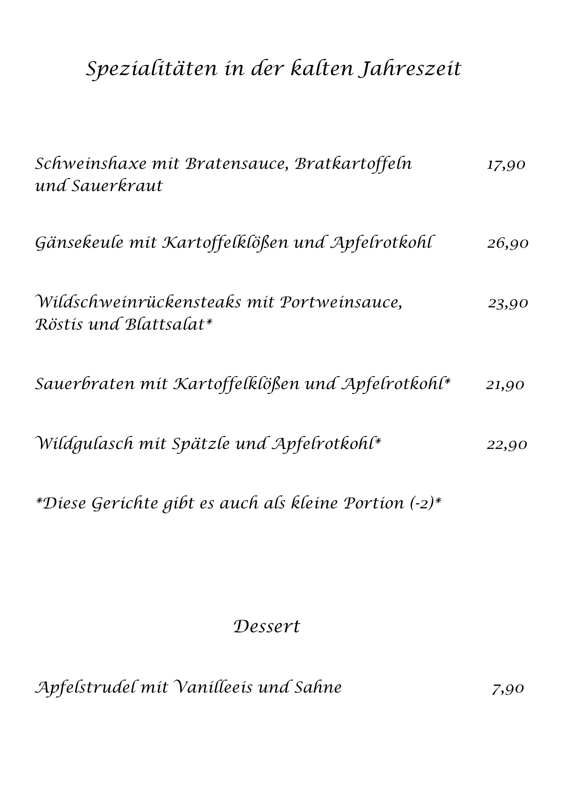 Speisekarte Seite 3: Spezialitäten in der kalten Jahreszeit und Dessert
