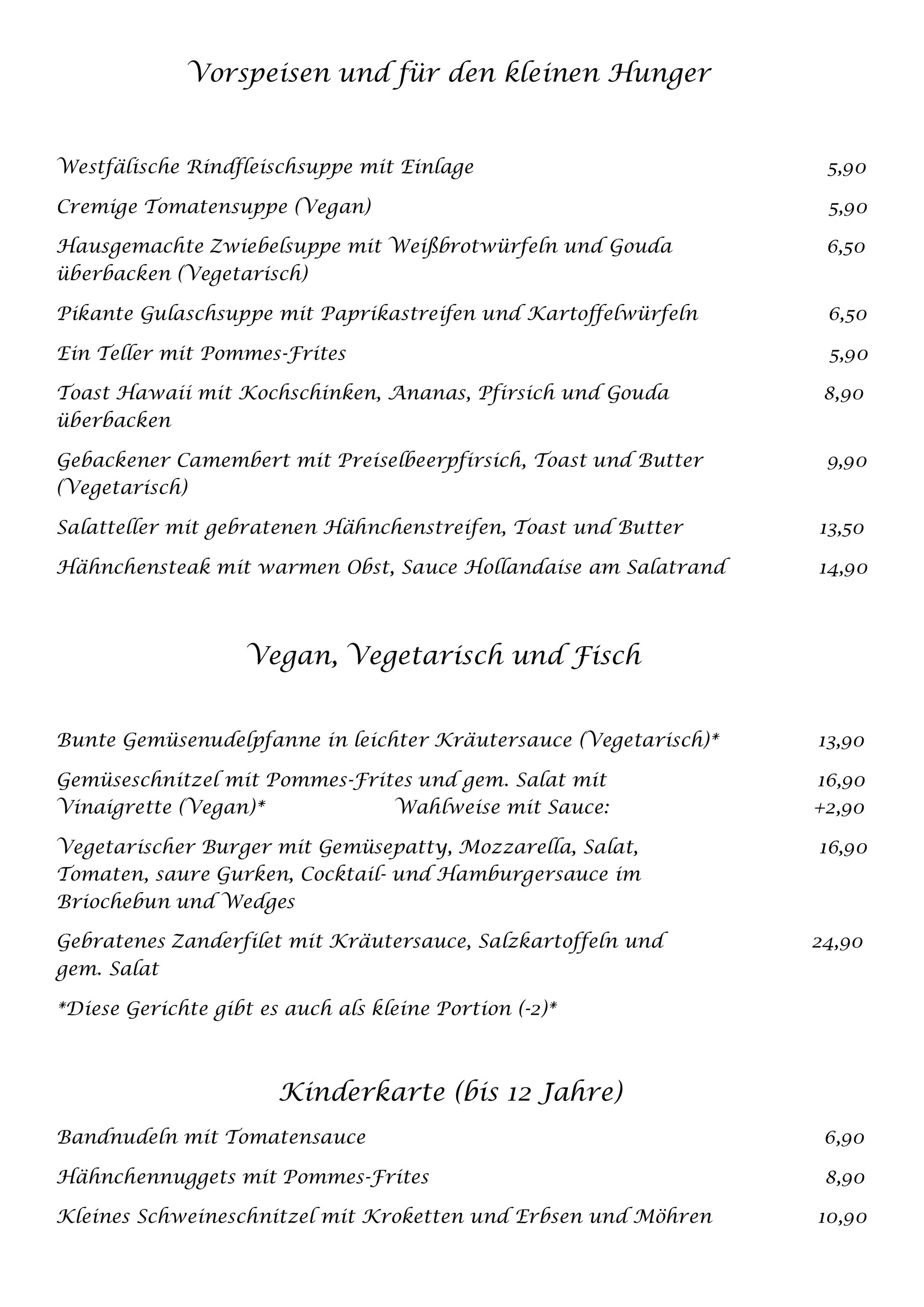 Speisekarte Seite 4: Vorspeisen und für den kleinen Hunger, Vegan, Vegetarisch und Fisch sowie Kinderkarte