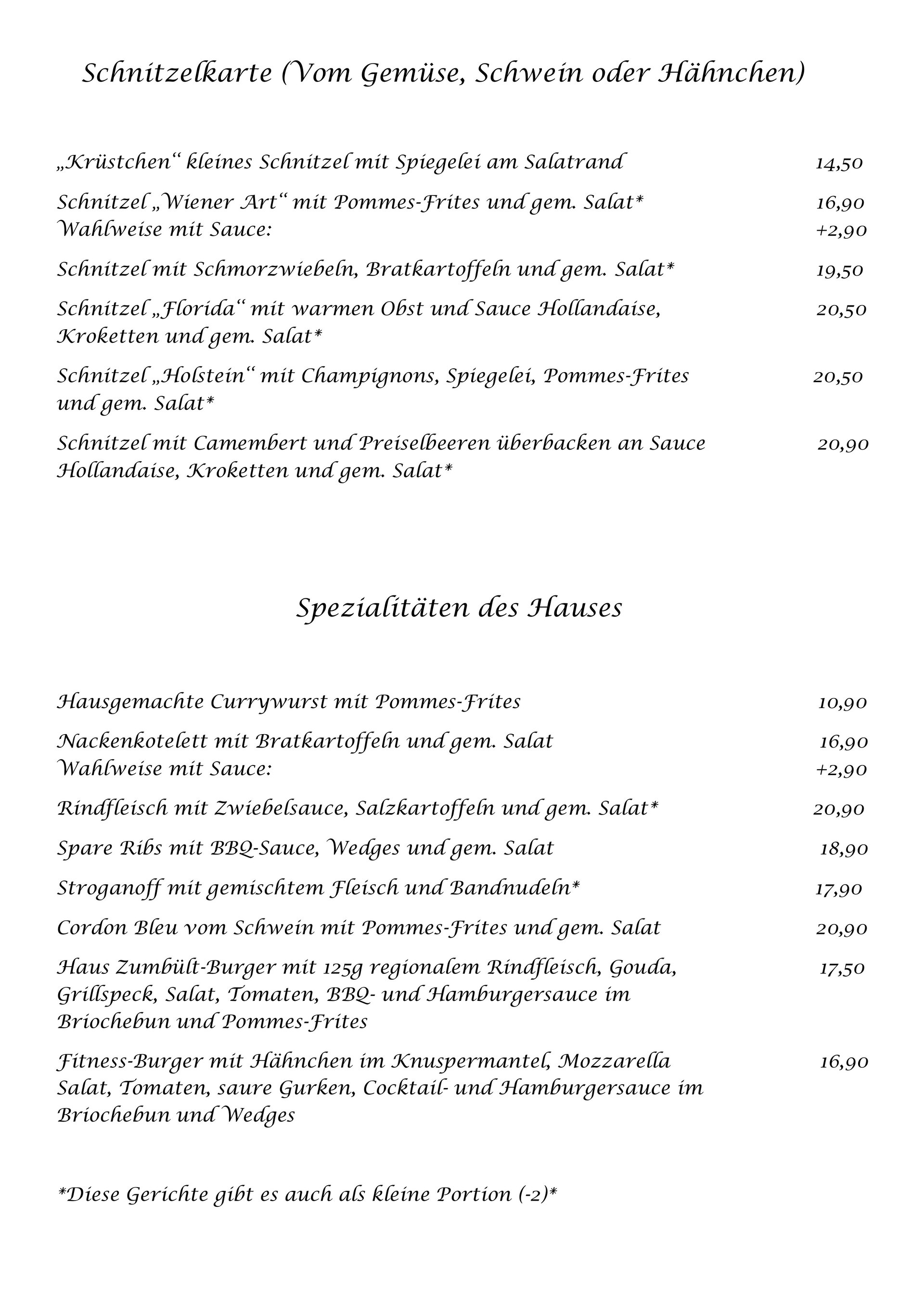 Speisekarte Seite 5: Schnitzelkarte und Spezialitäten des Hauses, unter anderem Currywurst, Spare Ribs und Haus-Zumbült-Burger