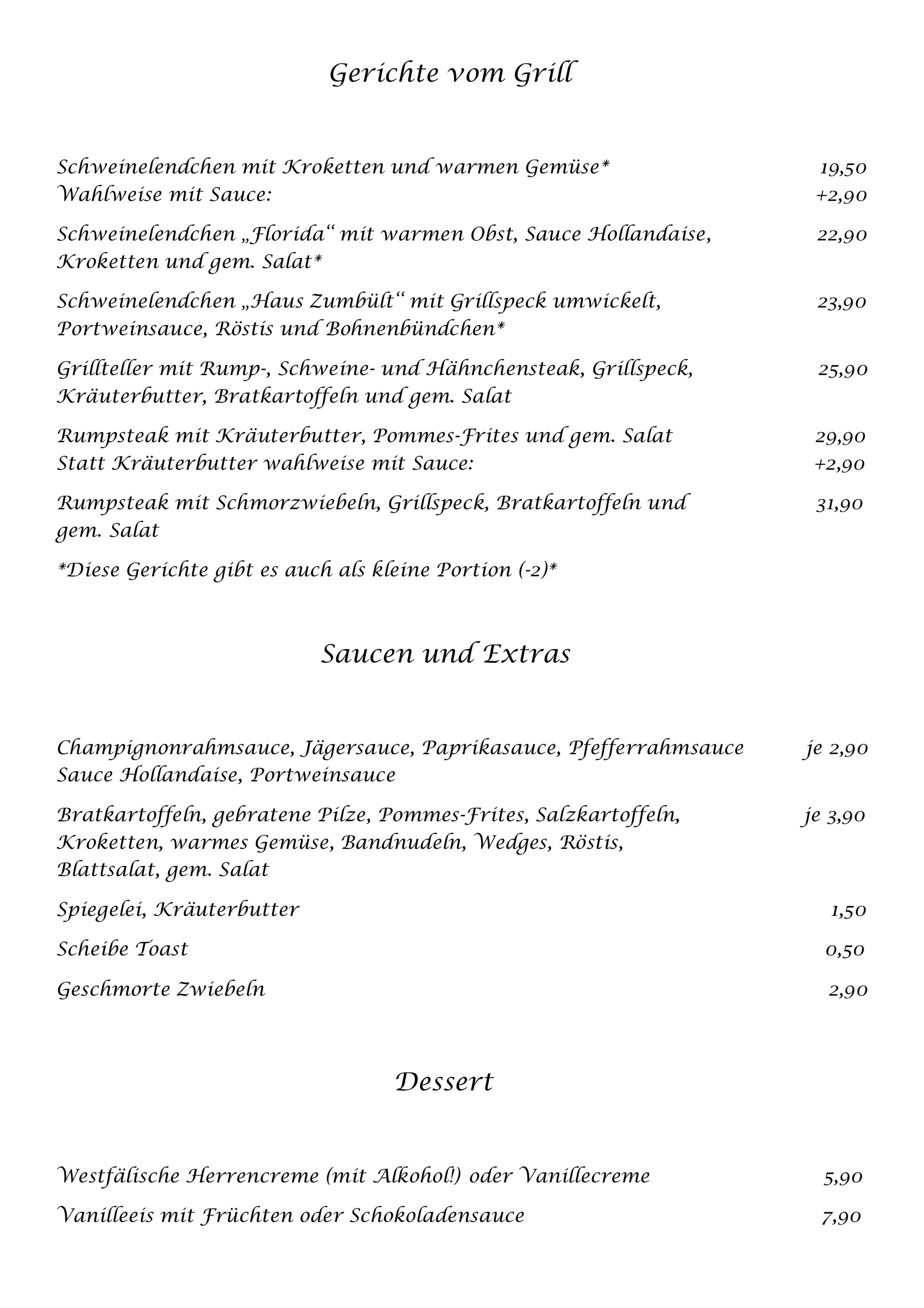 Speisekarte Seite 6: Gerichte vom Grill, Saucen und Extras sowie Dessert